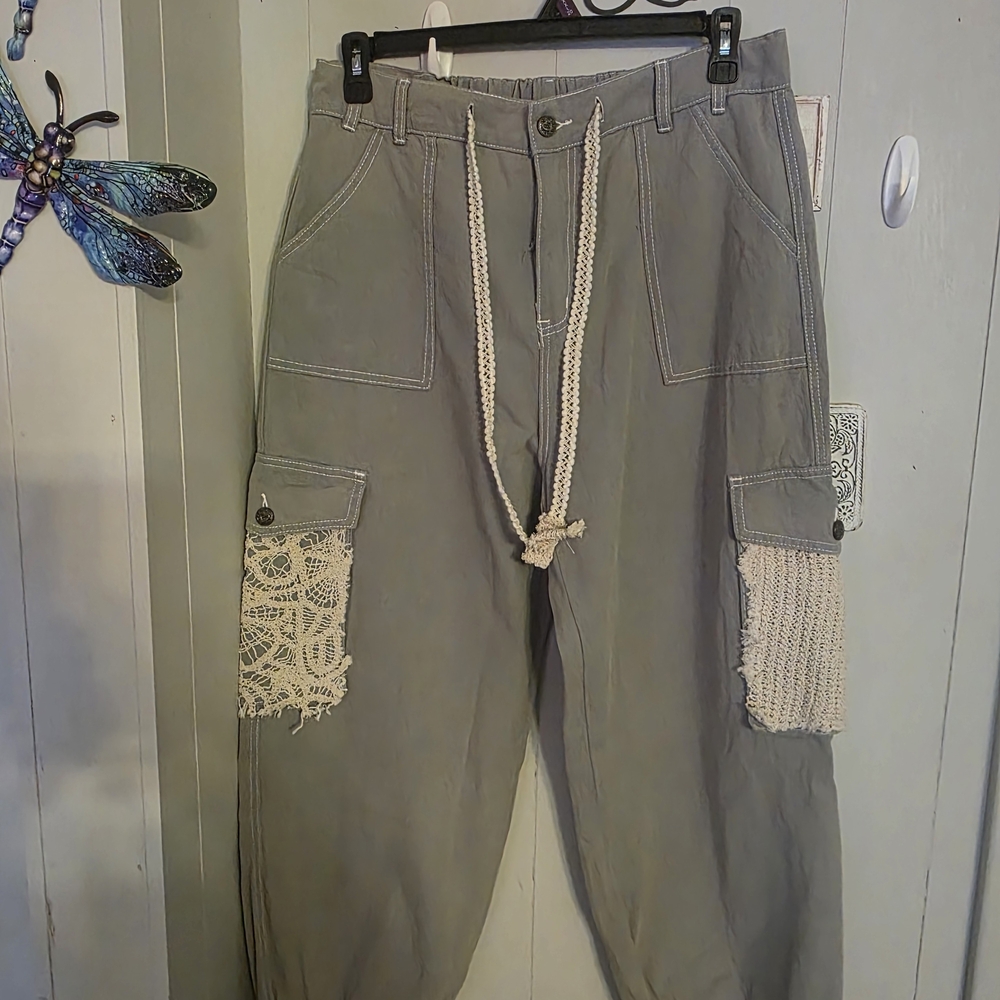 POL Gray Cargo Pants with Crochet Pocket Accents